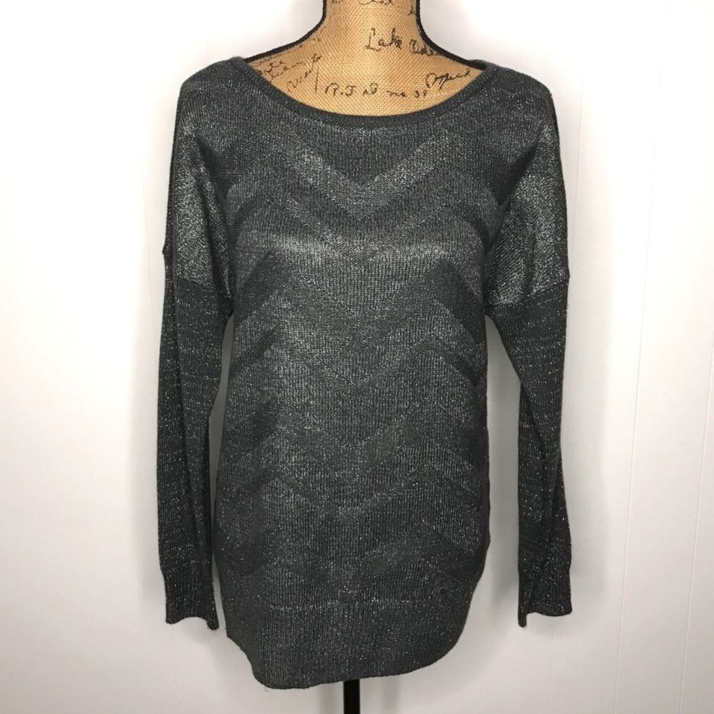 New Directions Gray & Silver Metallic Chevron Sweater-Size M